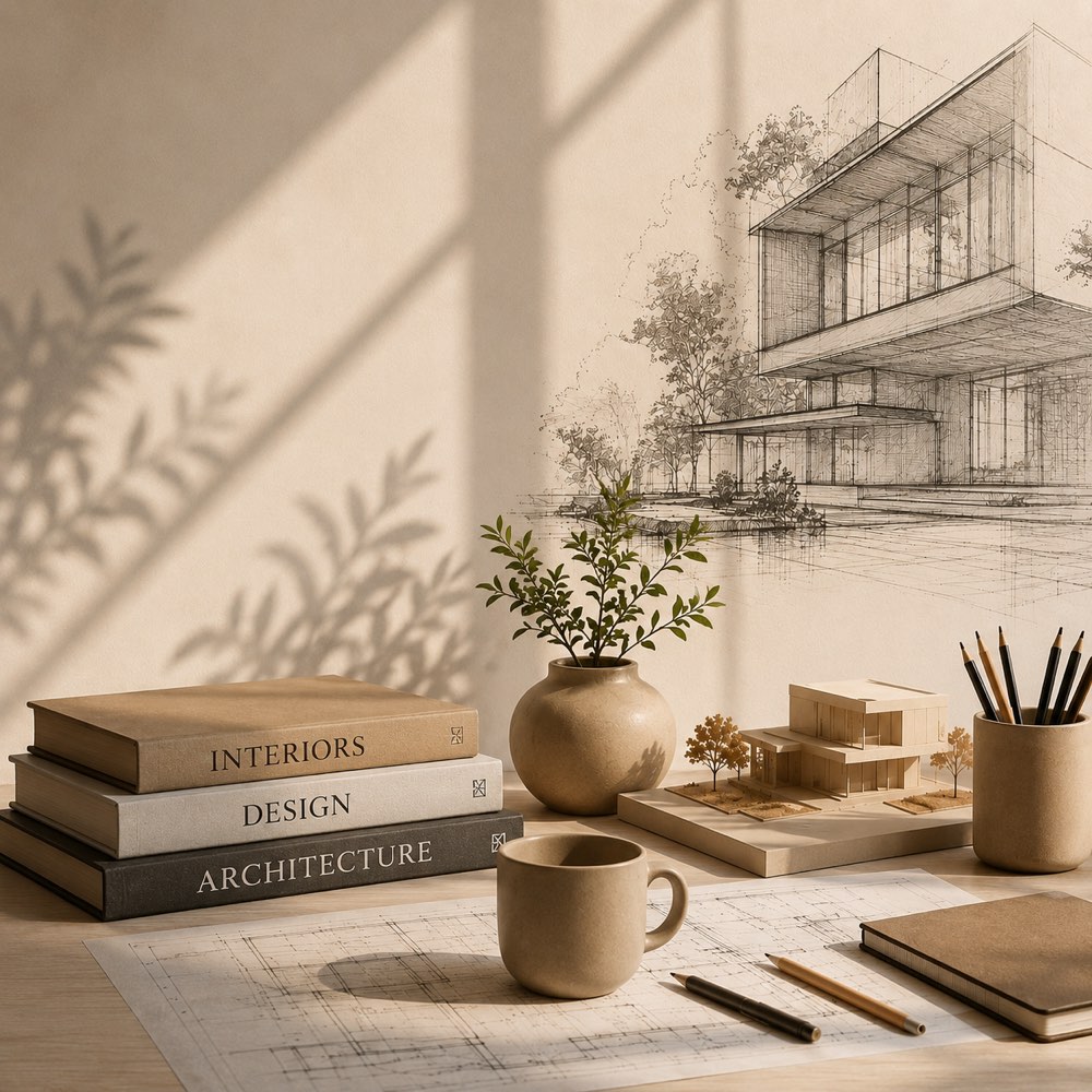 A studio desk in morning light: books on interiors, design and architecture stacked beside a potted sprig, a balsa massing model, a jar of pencils, and a floor plan unrolled under a mug, with a pencil elevation of a house pinned to the wall behind.