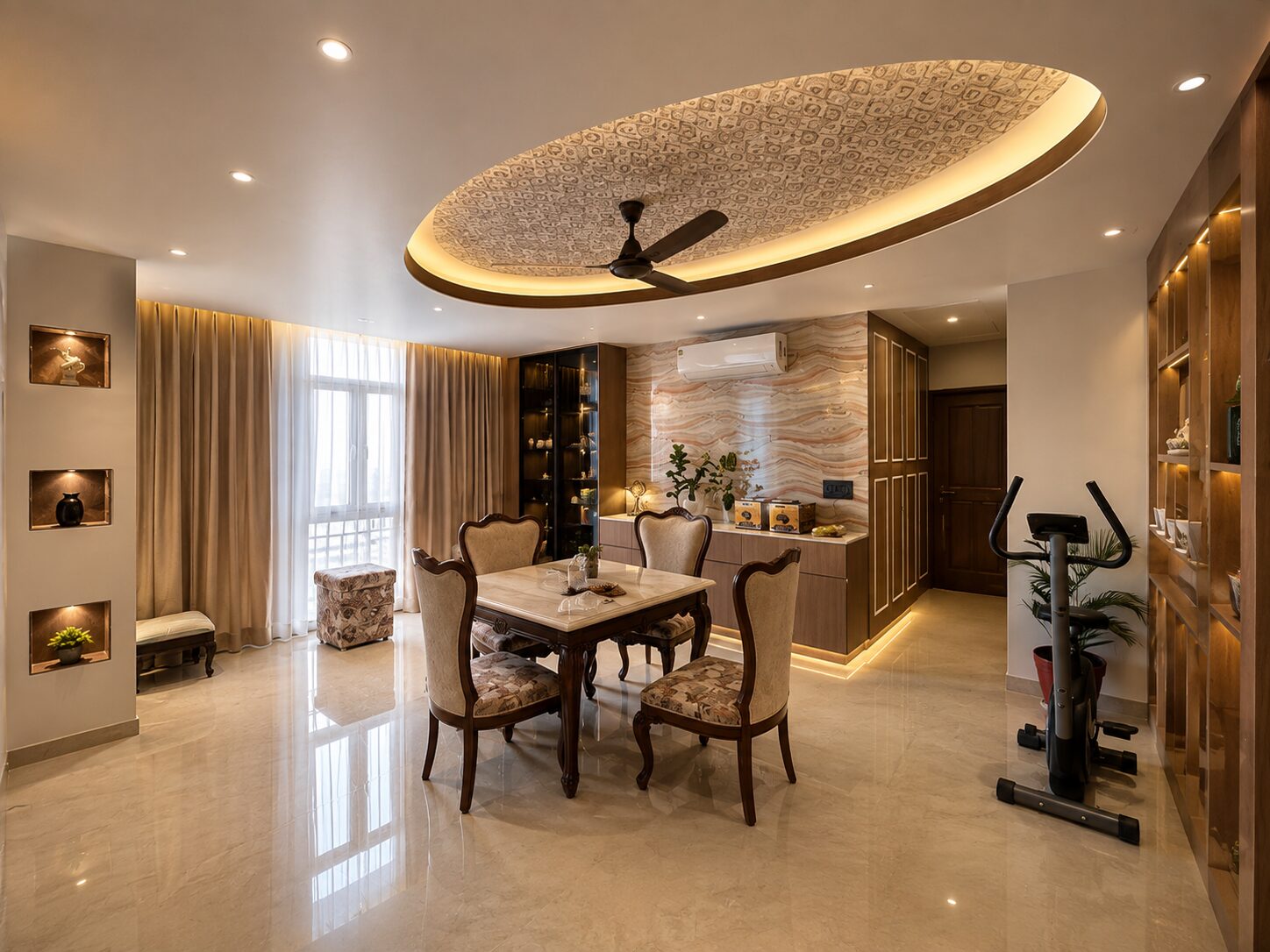 An Arcos dining room with an oval patterned ceiling recess lit
           from its rim, an onyx-veined feature wall, a marble-topped table and
           lit display niches down the side wall