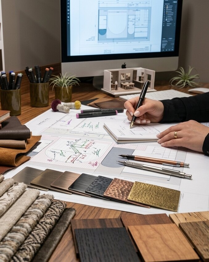 A desk mid-scheme: a hand marking up a set of drawings, a floor
           plan open on the screen behind it, and finish samples in metal, wood
           and fabric laid out across the sheets