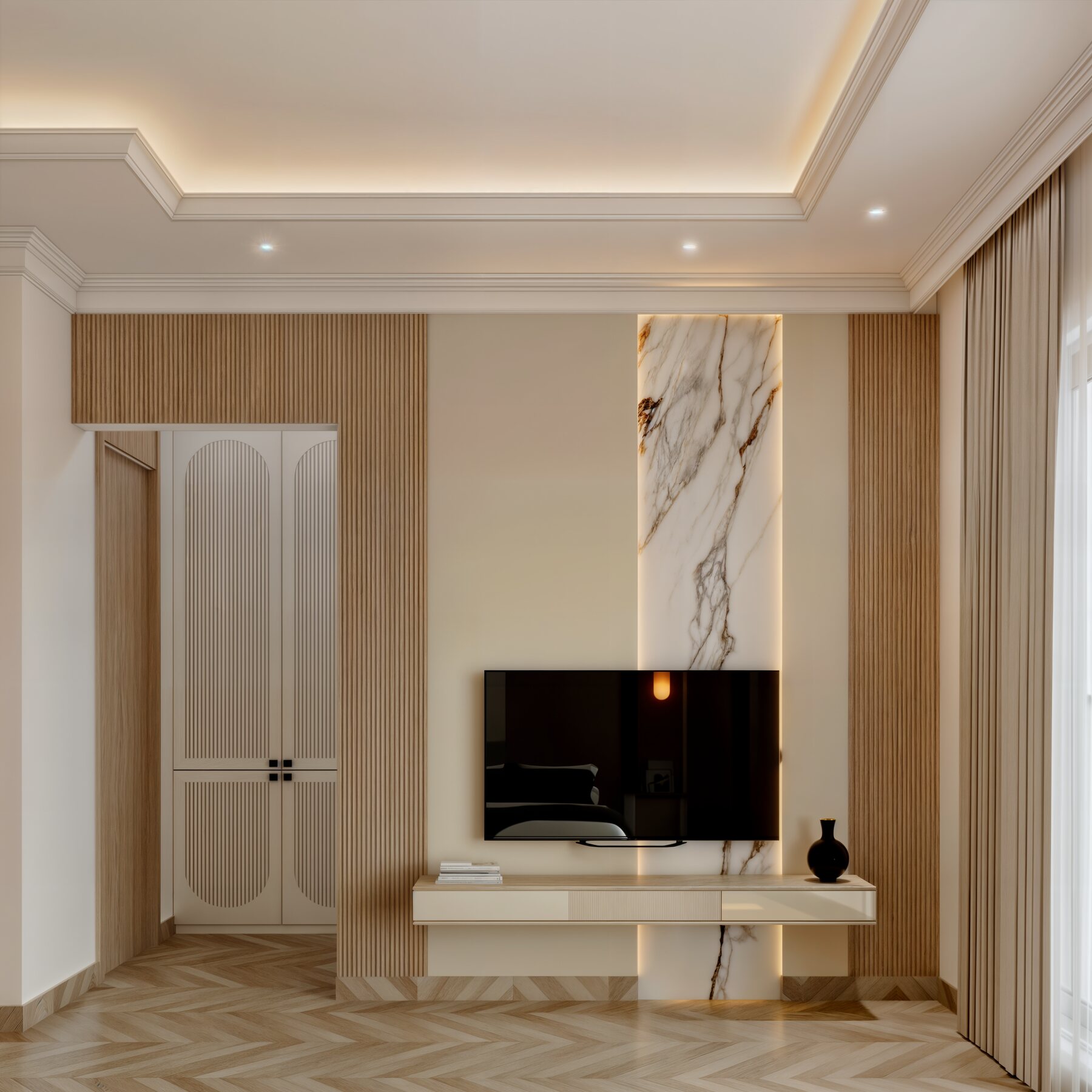 The bedroom's wardrobe wall: fluted timber running floor to ceiling
                  with a marble-lined niche holding the television above a slim
                  console.