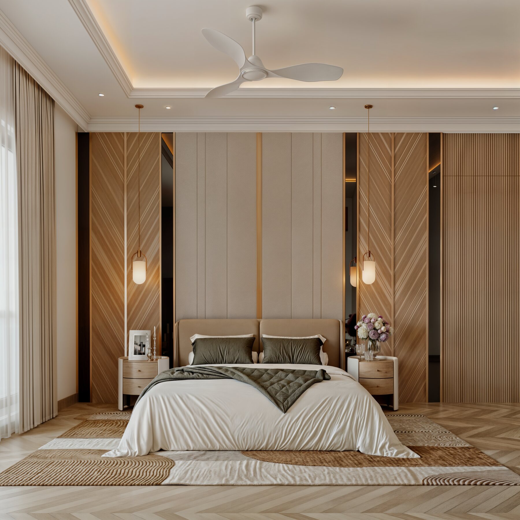 The bedroom head-on: an upholstered bed centred on a panelled wall,
                  chevron timber to either side and a glass pendant hanging beside each
                  nightstand.