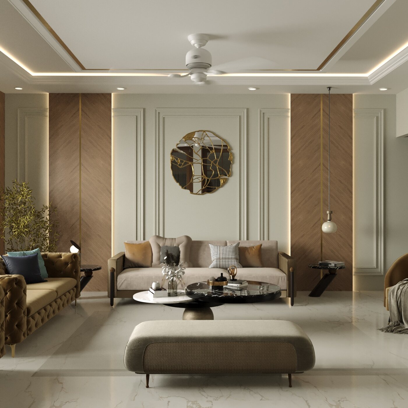 The living room at 101 Villa: fluted wood panels, a gold-veined
                      round mirror and a low marble floor, lit from a coffered ceiling.