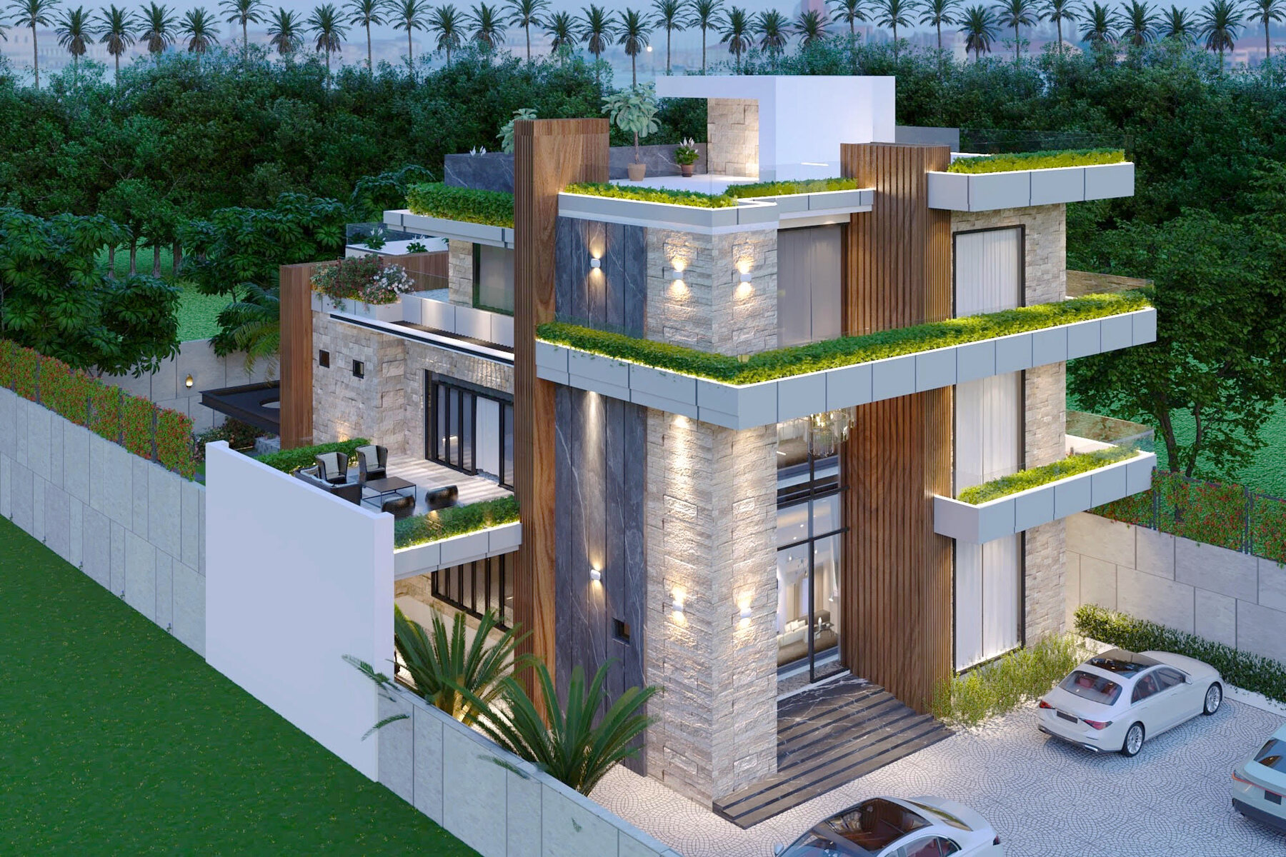 The villa seen from the street corner, its planted roof terraces
                  and deep overhangs stepping back across three floors.