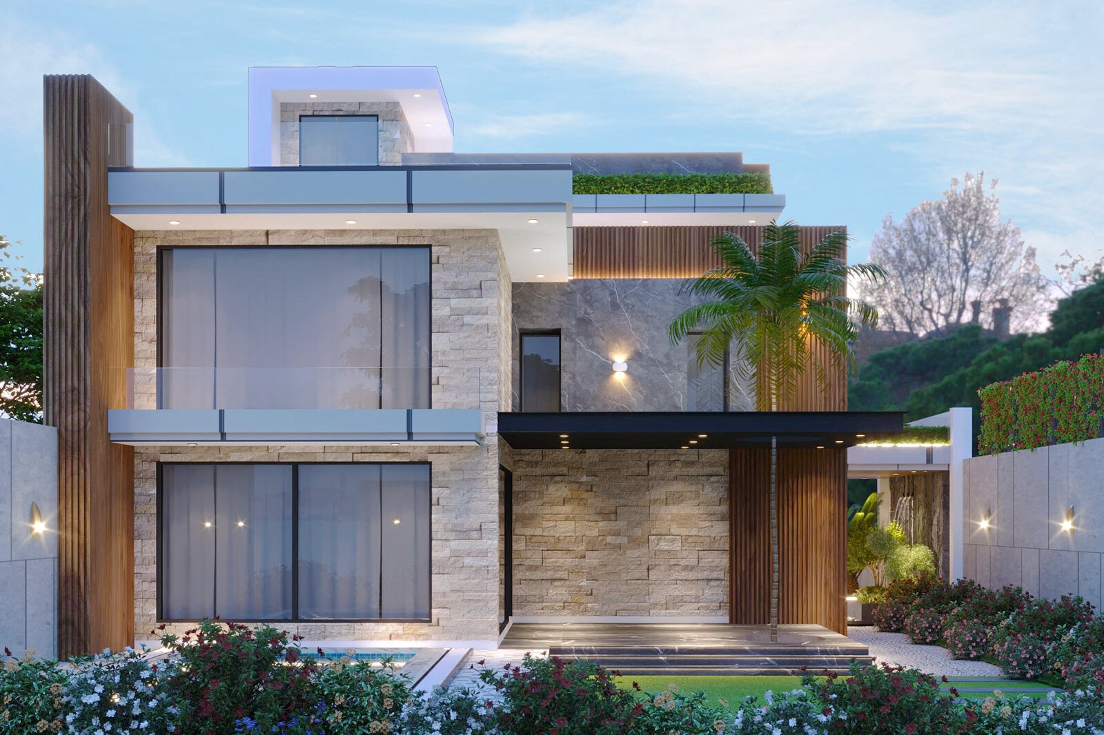 The same frontage in flatter daylight, the planted parapets running
                  the full width of the roof.