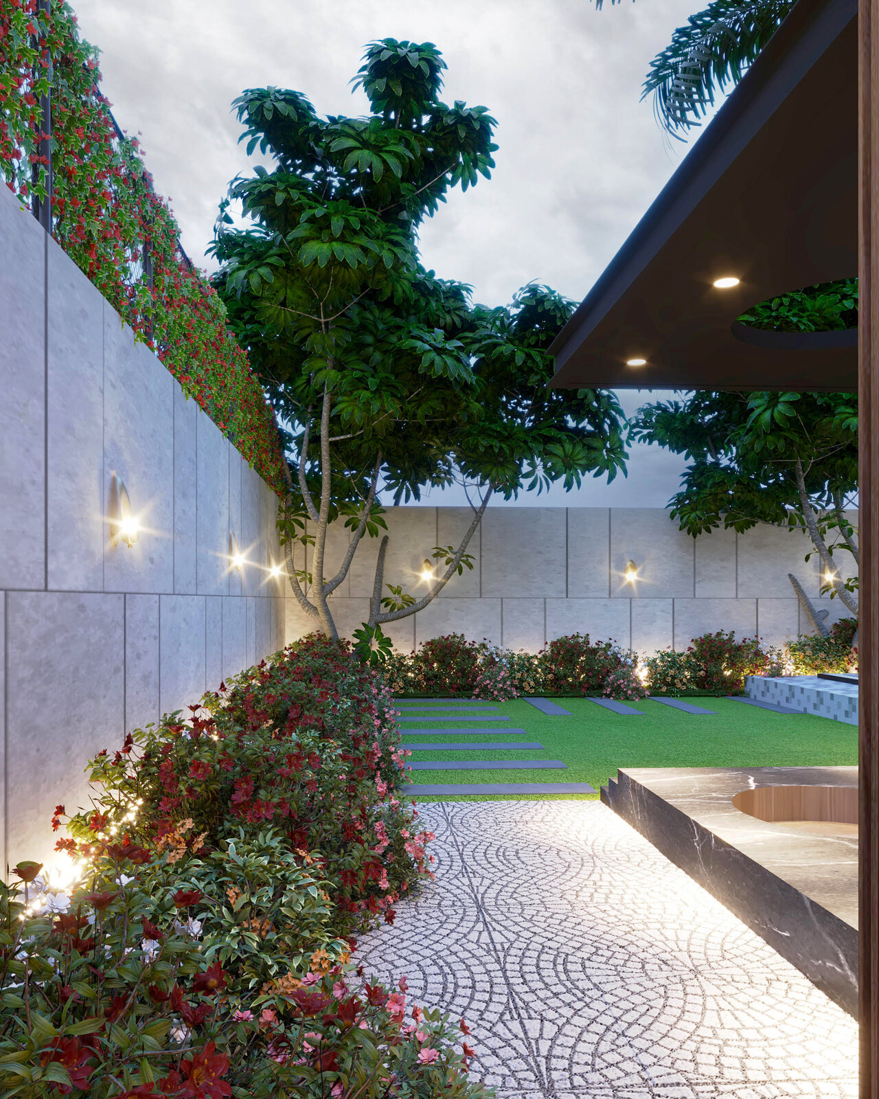 The side elevation, stone and timber panels reading as alternating
                  vertical bands beside the glazed stair.