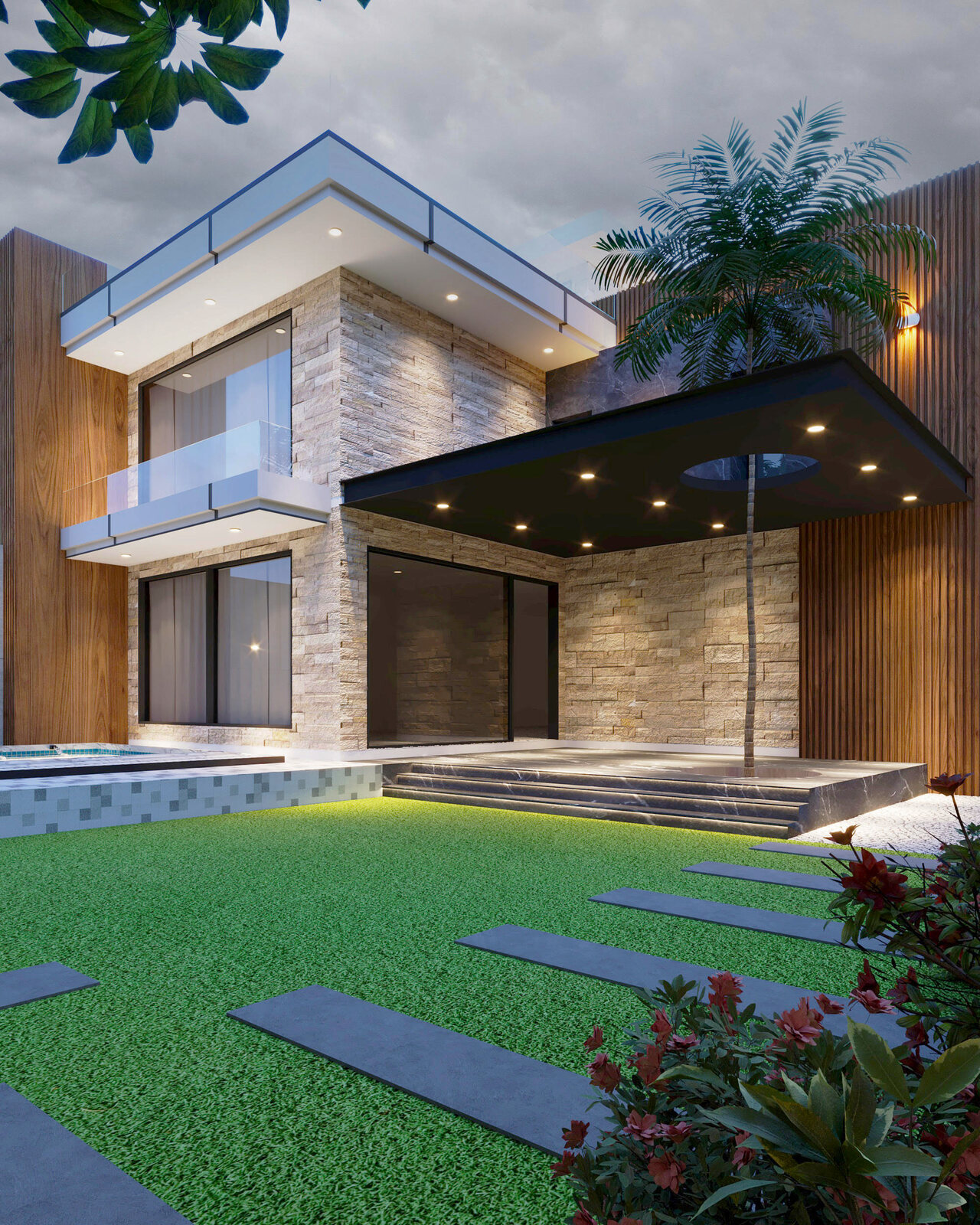 The rear elevation with its planted terrace and the pergola over
                  the upper deck.