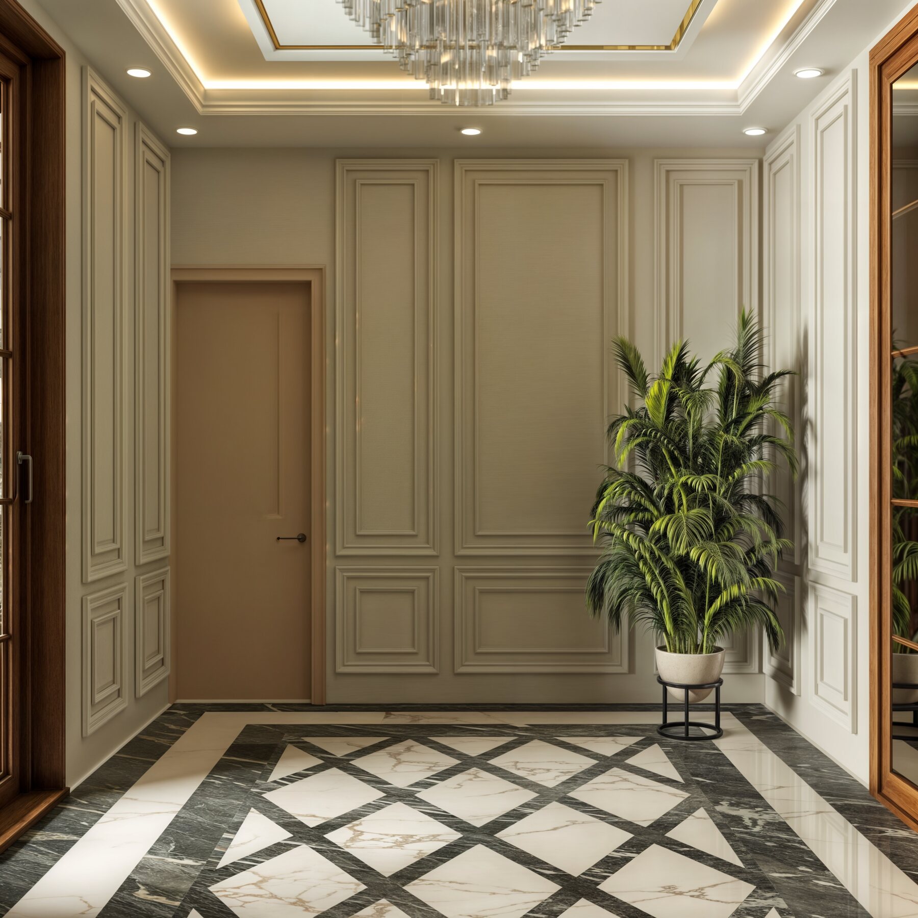 The foyer: panelled walls in soft stone tones, a cut-glass chandelier
                  in a coffered ceiling, and a green and white marble floor laid in a
                  diamond pattern.