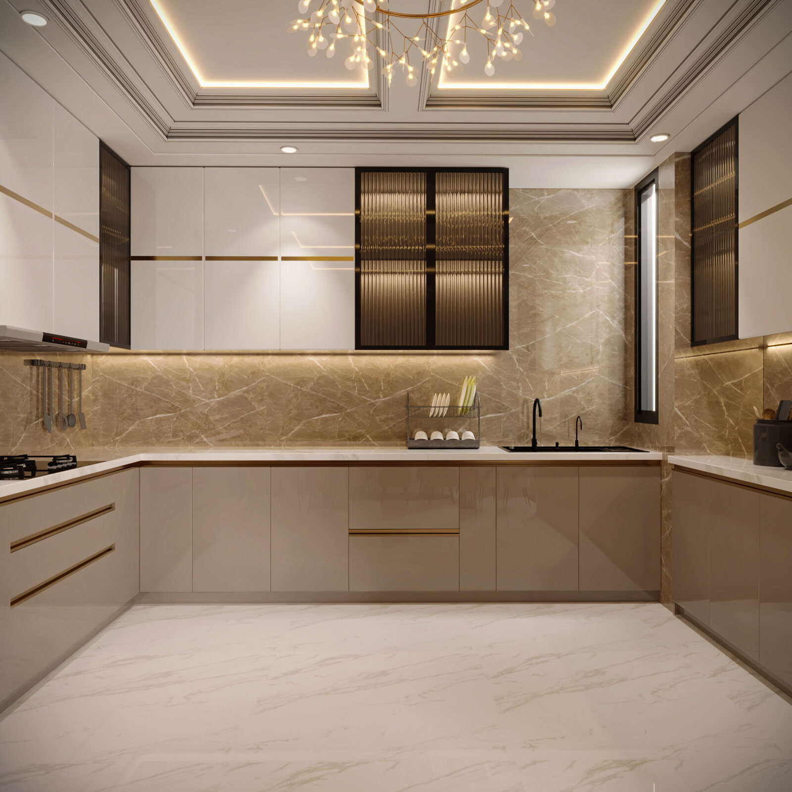 The kitchen: handleless cabinetry in warm grey, a stone splashback
                  and brass reveals under the wall units.