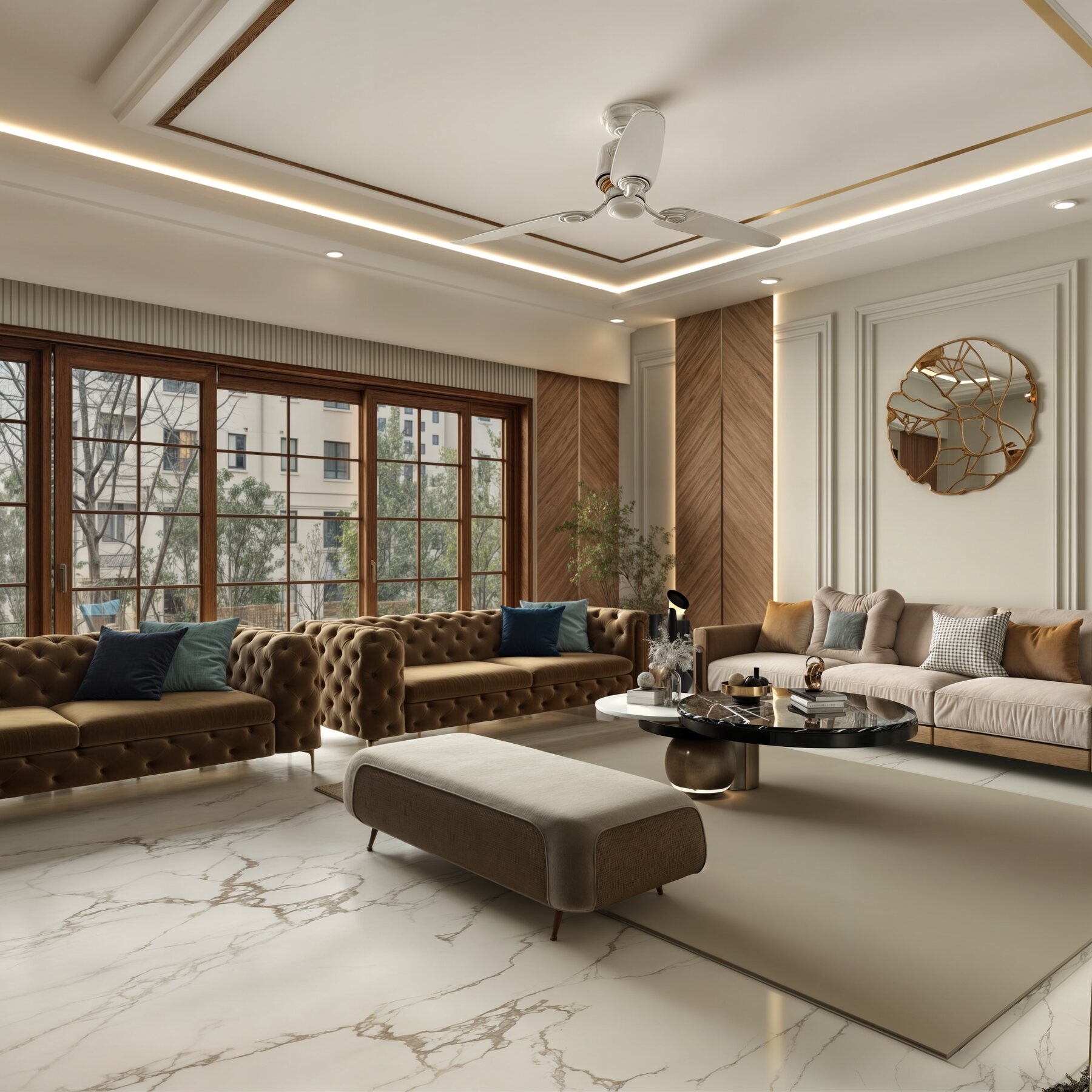 The living room seen from the window wall: two tufted sofas facing
                  across a low black marble table, chevron timber panelling and a
                  gold-veined round mirror on the far wall.