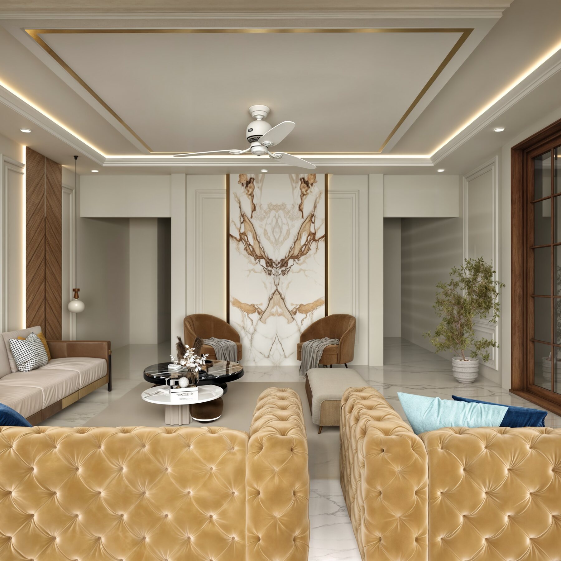 The second living area: a book-matched marble feature wall framed in
                  brass, flanked by armchairs, with tan buttoned sofas in the
                  foreground.