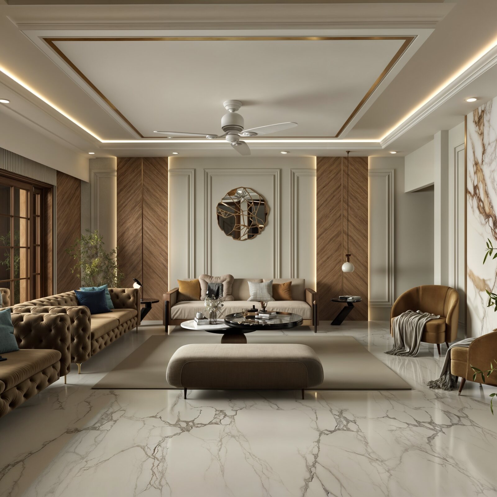 The living room from the far corner: the full run of seating, the
                  round mirror on the panelled wall and marble underfoot.