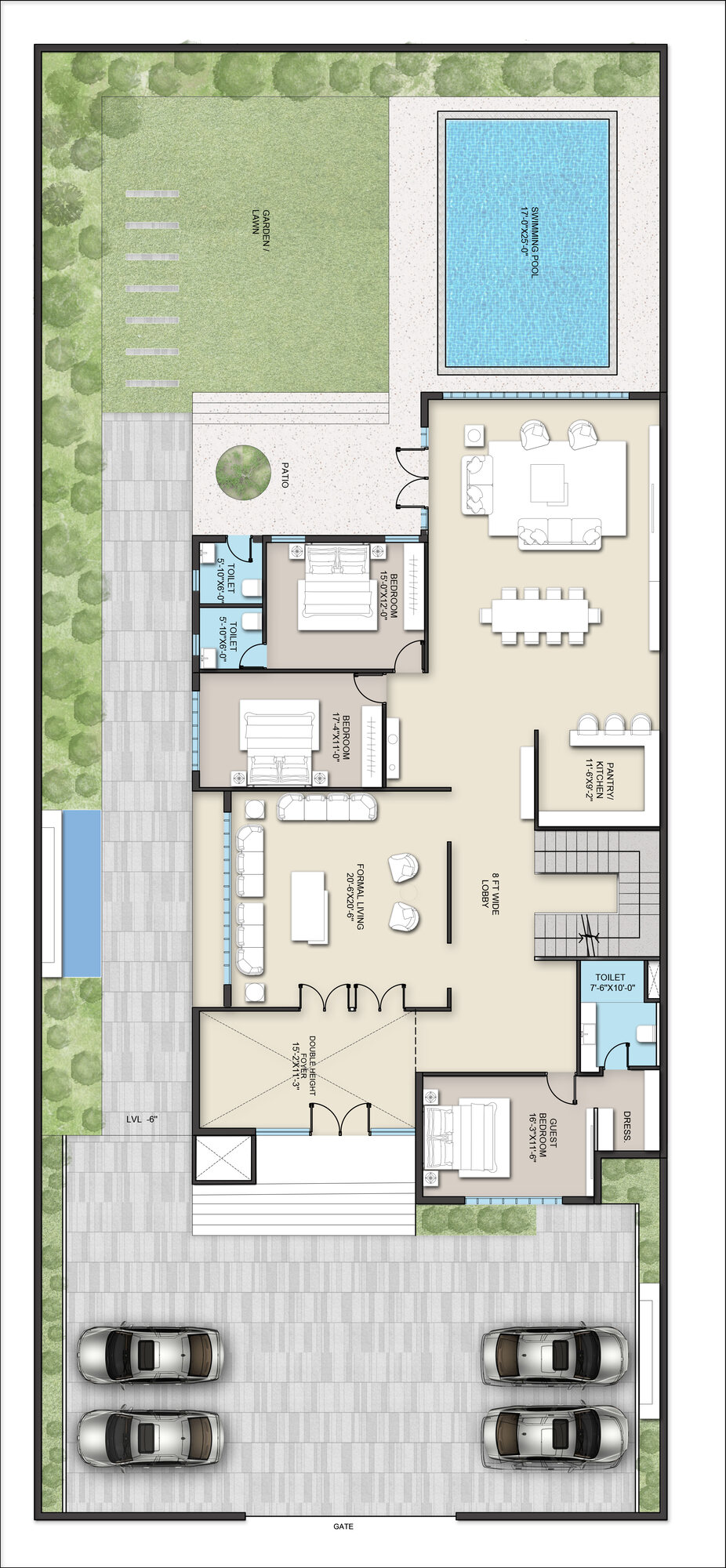 Ground floor plan: parking and forecourt, the pool to one side and
                  the living rooms laid out around the entrance hall.