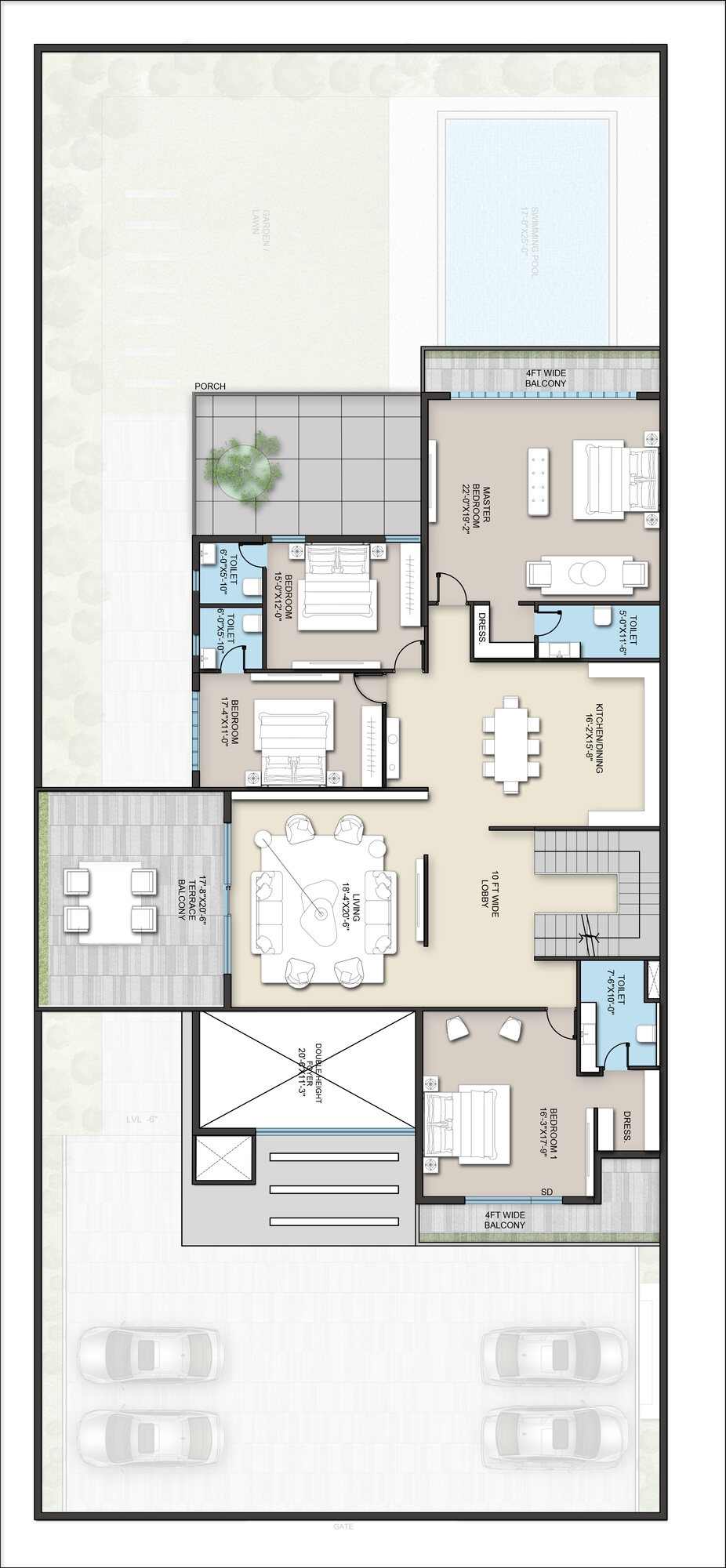 Second floor plan: bedrooms with their dressing rooms and bathrooms,
                  opening onto the front terrace.