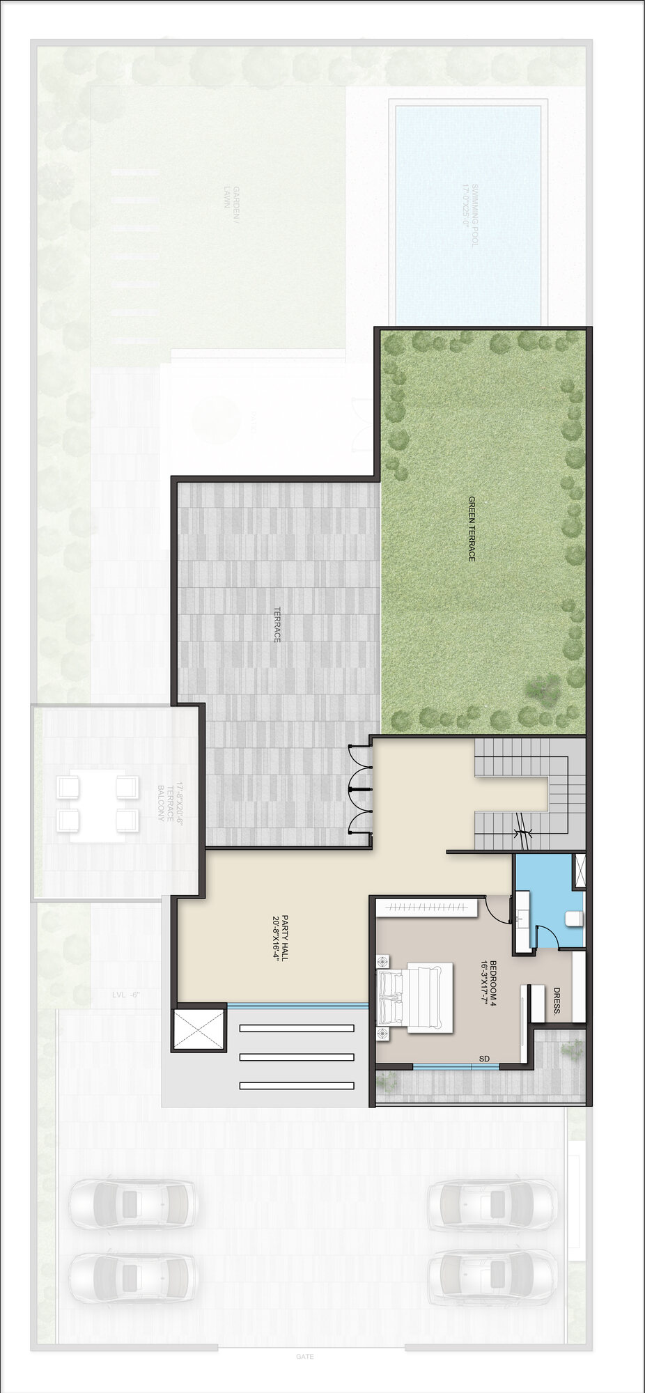 Third floor plan: the upper suite and the roof terrace over the
                  floors below.
