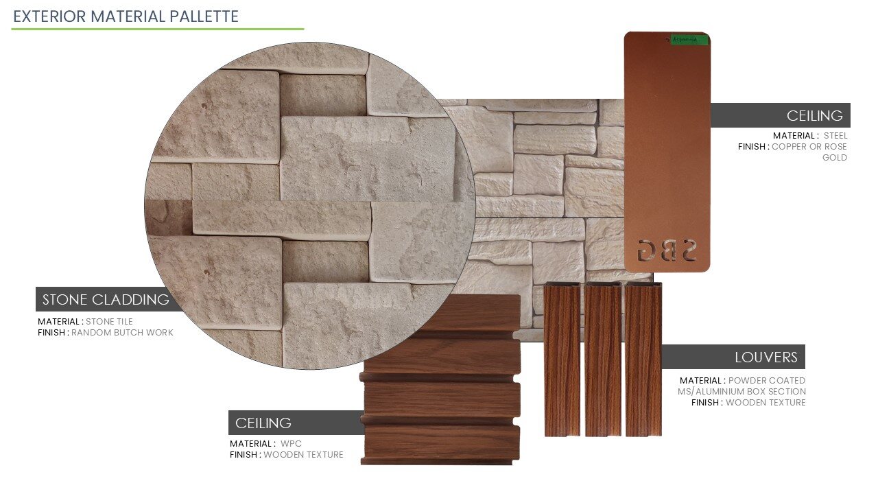 The exterior material palette board: stone cladding, timber
                  louvres and ceiling finishes called out with their specifications.