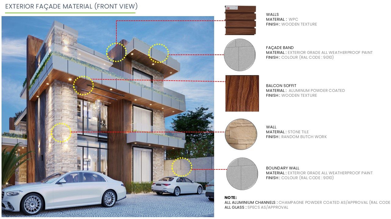 Front elevation material sheet: each band of the façade tagged to
                  its finish, from the stone base to the coping.
