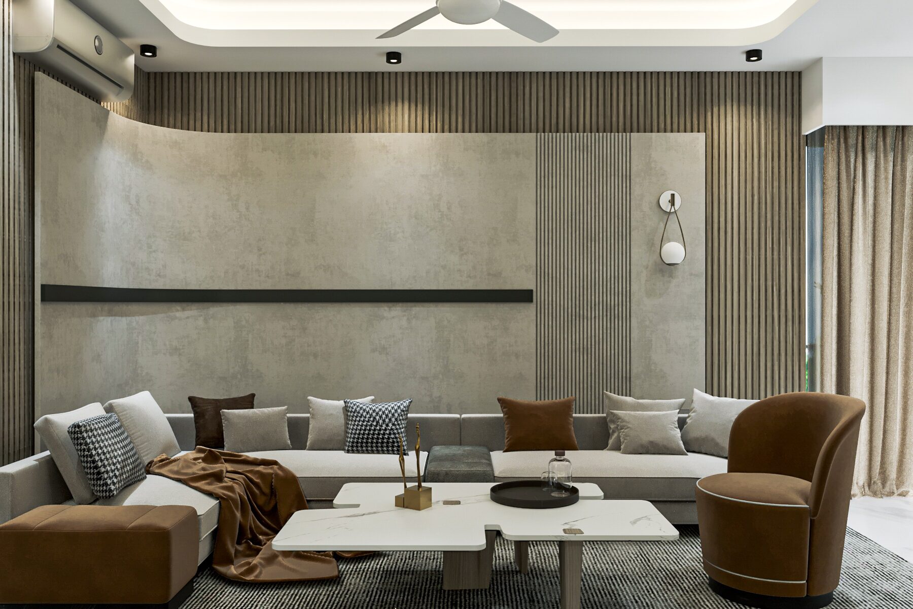 The living room at Arora House: a long sectional under a curved
               plaster wall, slatted timber to either side and a tan armchair at
               the window
