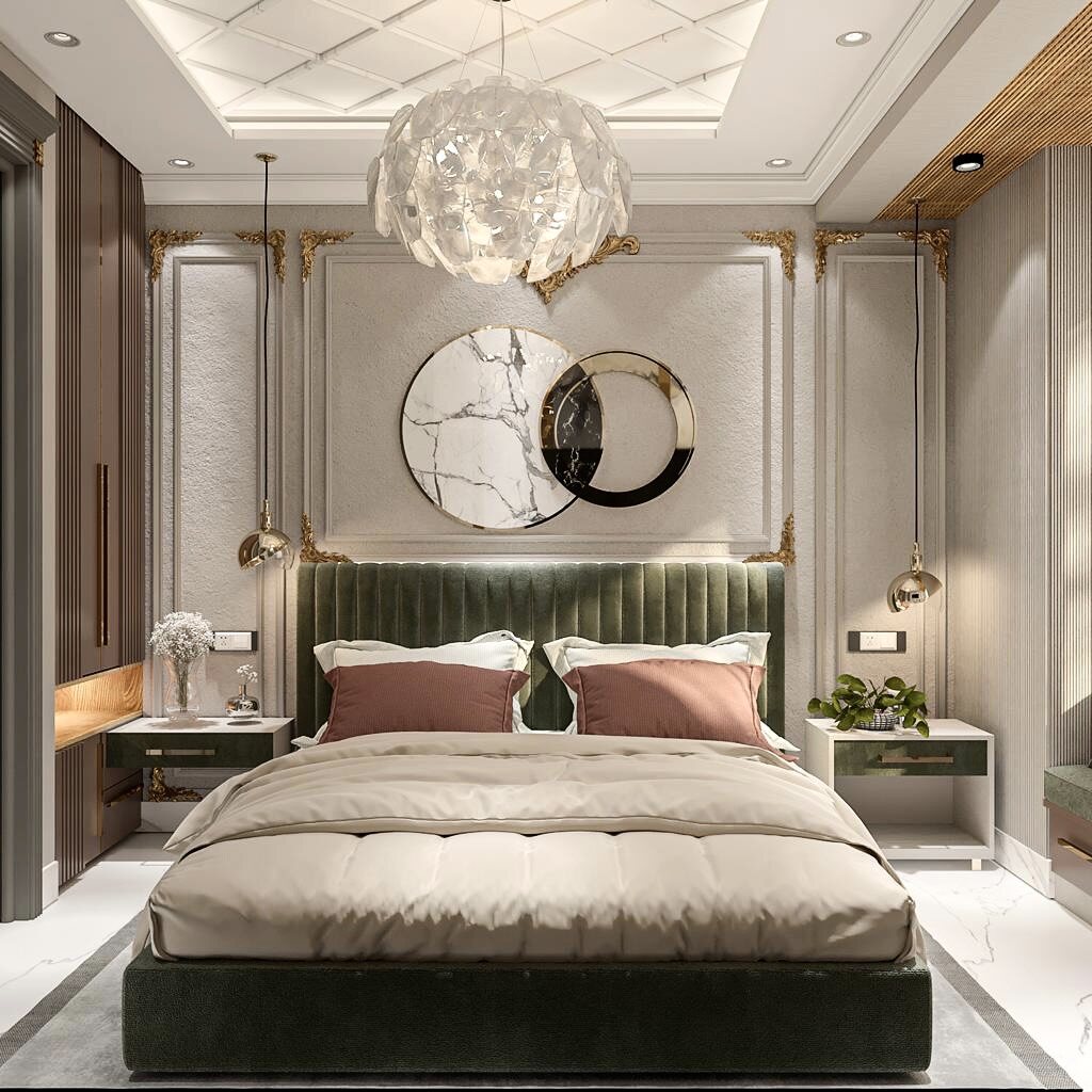 The master bedroom head-on: a green velvet channelled headboard
                  centred under two overlapping marble and brass discs, a capiz
                  chandelier above, and a brass pendant dropped beside each
                  nightstand.