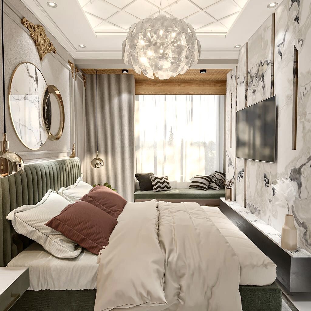 The same master bedroom from the side: a book-matched marble panel
                  carrying the television, a cushioned window seat beneath the
                  daylight, and gilt mouldings picked out on the panelled wall.