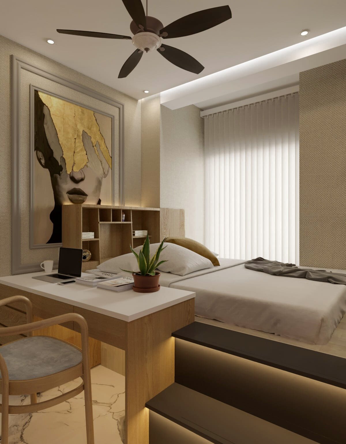 The quietest of the rooms: a study desk and chair set under a
                  framed gold-leaf portrait, timber shelving above it and the bed
                  stepped up on a low platform alongside.