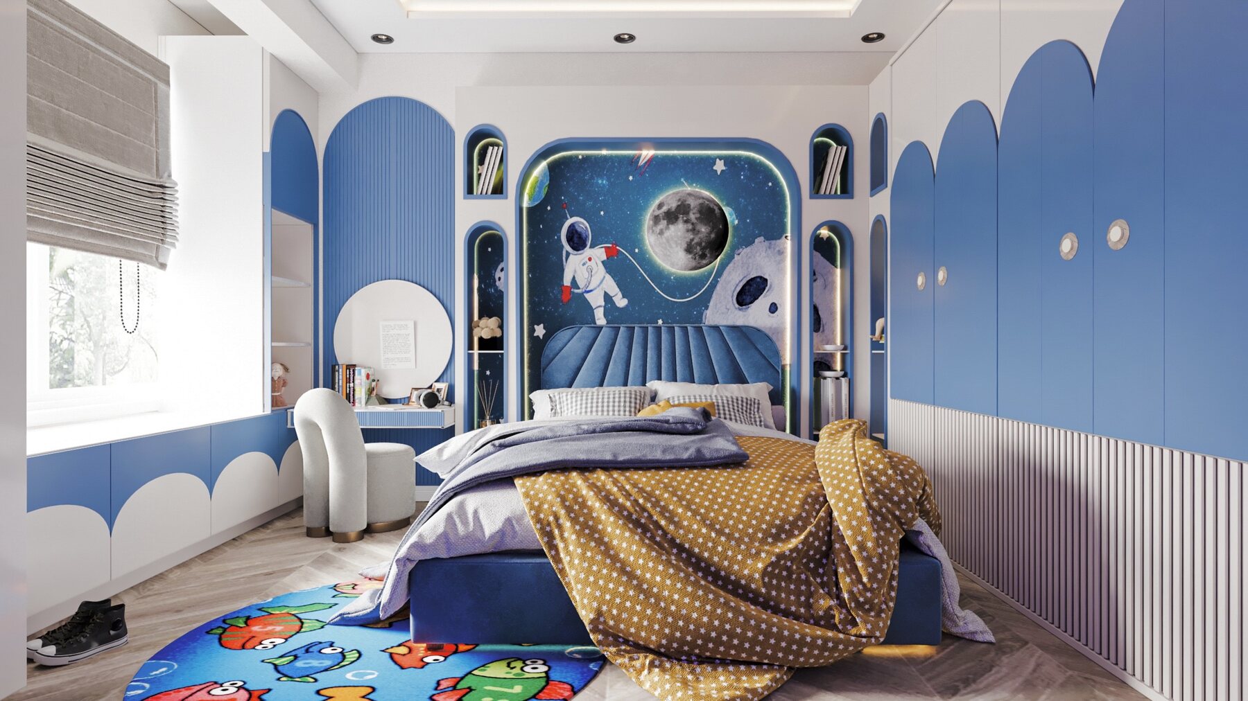 A child's bedroom in blue and white: cloud-shaped joinery running
                  the length of one wall, an astronaut and a planet painted into the
                  arched recess behind the bed, and a printed rug underfoot.