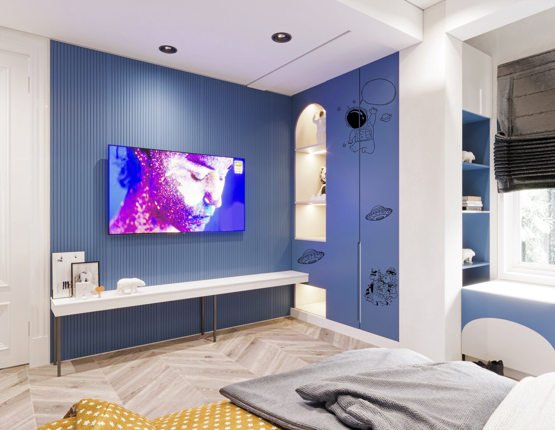 The other side of the same room: a fluted blue wall carrying the
                  television over a slim white console, an arched niche of shelves
                  beside it and herringbone timber on the floor.