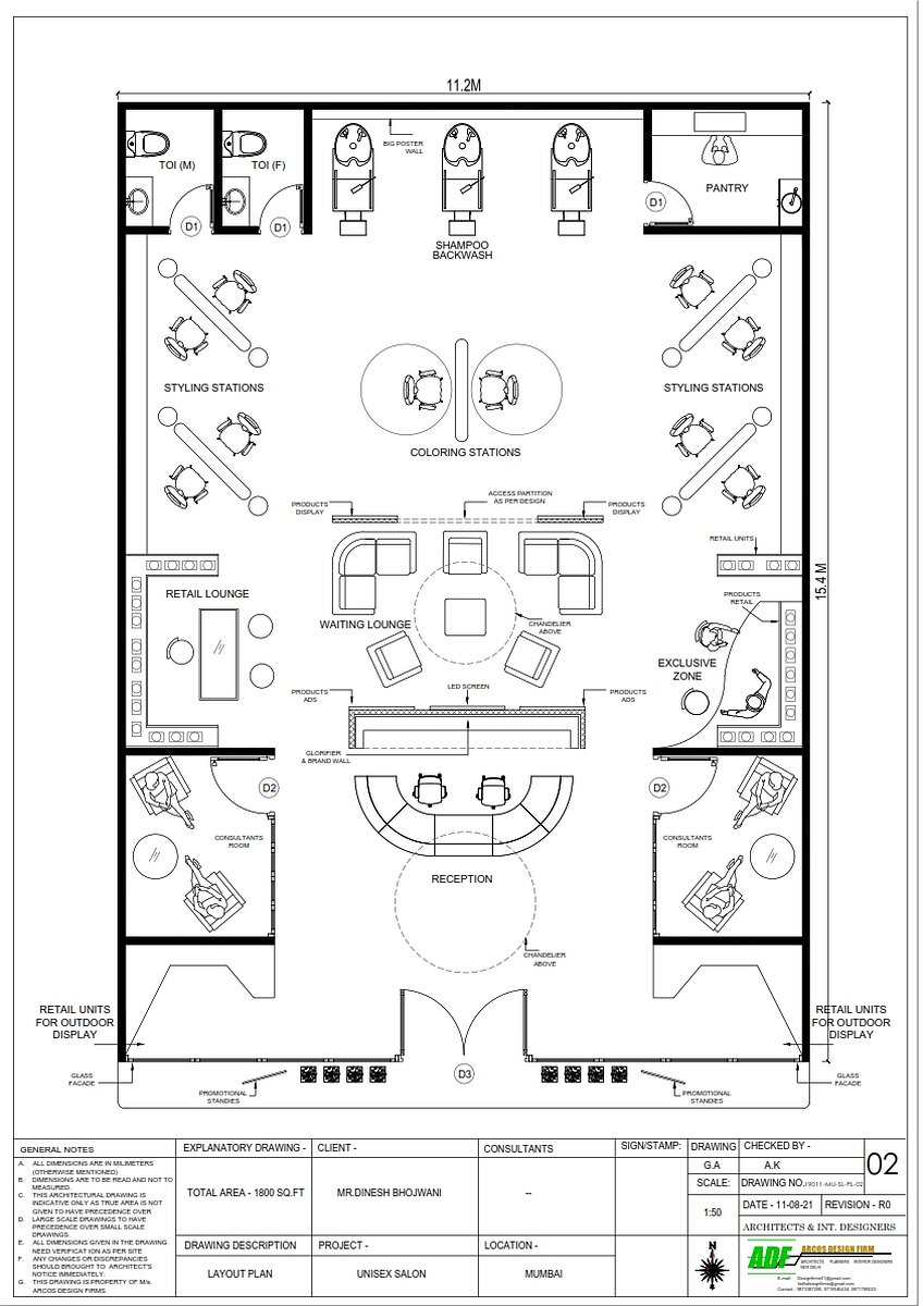 The salon floor plan: reception and two consultants rooms at the entrance, styling stations down both long walls, colouring in the centre and shampoo backwash along the rear wall.