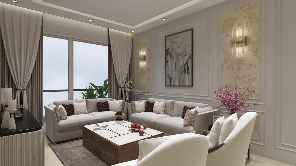 The living room at the Gurugram residence: pale sofas and armchairs around a
                low marble table, panelled walls with a damask panel and a wall light,
                curtained windows down the left side.