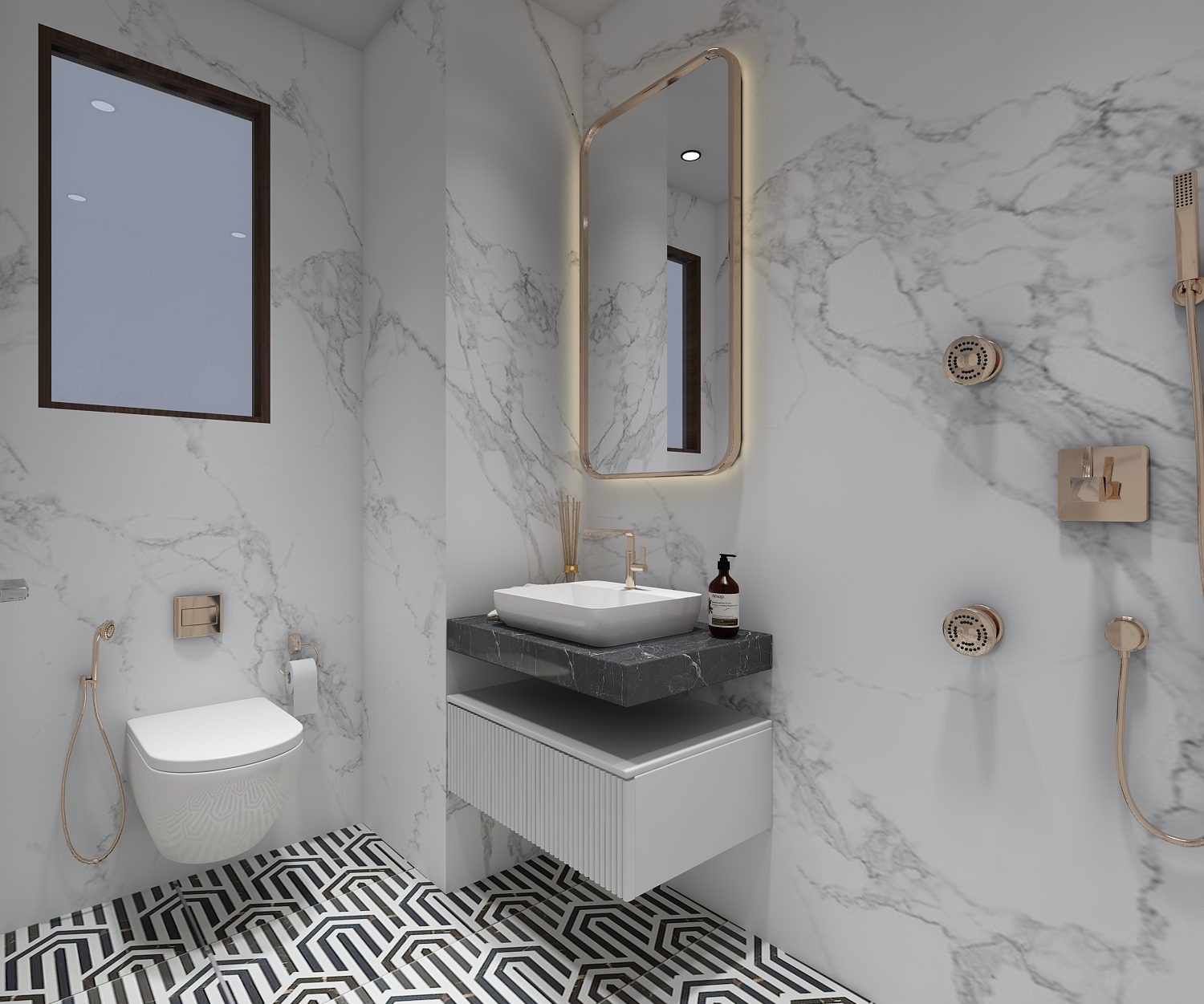 The bathroom: a brass-framed mirror on a marble wall above a floating
                  vanity, a wall-hung WC beside it and a black and white geometric
                  floor running under both.
