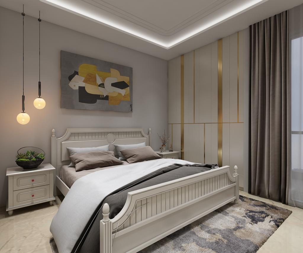 A second bedroom: a white bed against a panelled wall with brass
                  reveals, two glass pendants hanging beside it and an abstract canvas
                  above the headboard.