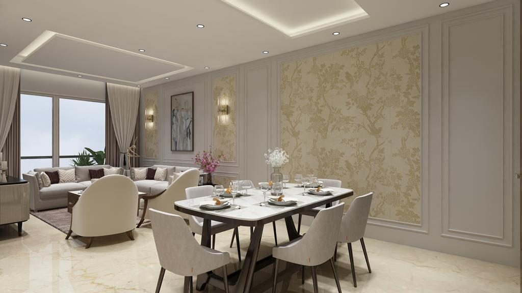 The dining end of the main room: an oval table laid for six under a
                  coffered ceiling, the living seating beyond it and a damask panel
                  set into the wall behind.