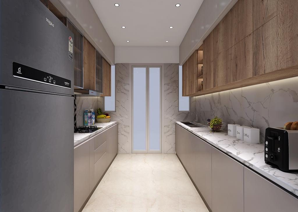 The kitchen as drawn: a galley run in cream and walnut with a marble
                  splashback, wall cabinets lit from beneath and a tall fridge at the
                  near end.