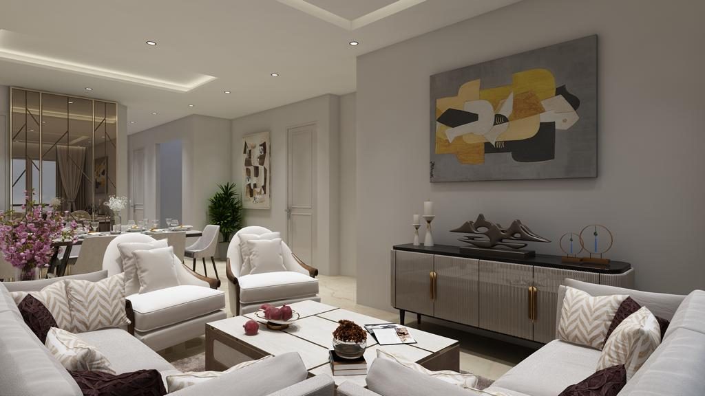 The living room from the dining end: an abstract canvas over a dark
                  sideboard on brass legs, pale seating around a low table and a
                  mirrored partition at the far side.