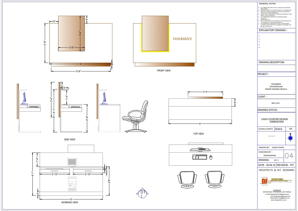 Detail drawing of the counter: plan, section and side view with the fold down leaf.