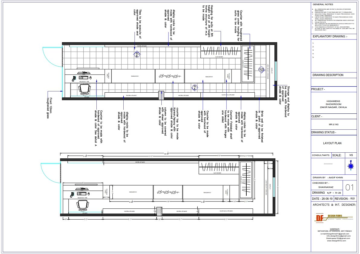 Layout plan of the showroom in two variants, showing the counter run along one wall and display storage at the rear.