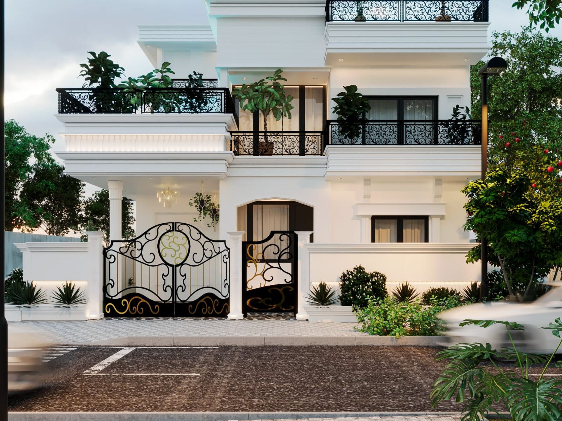 An Arcos exterior render: a lit contemporary elevation at dusk.