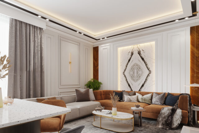 A paar-panelled living room: a pale sectional and tan armchairs on marble, a diamond motif set into the wall behind.