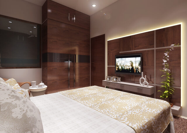 A bedroom faced in high-gloss walnut, gold-figured bedlinen and a television set into the panelling.