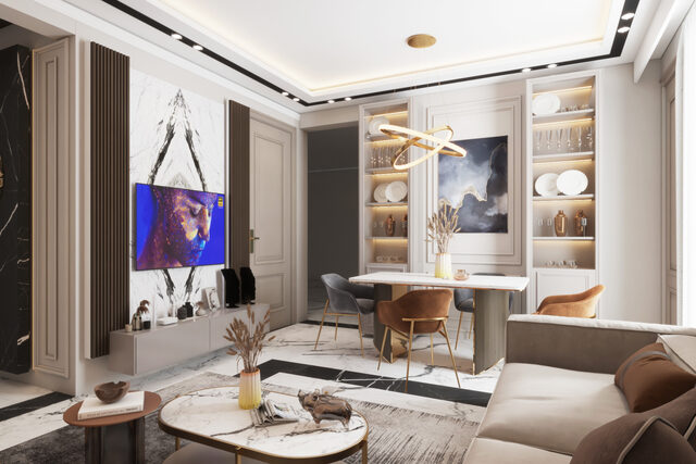 Living and dining run together under a gold pendant, with a fitted display wall along one side.