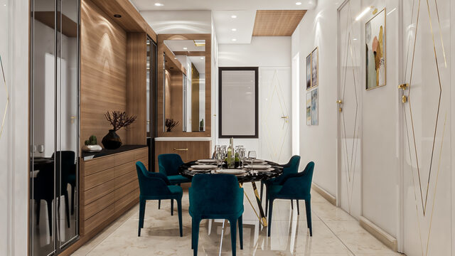 A mirrored dining corridor with teal velvet chairs around a round table.