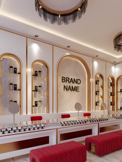 A cosmetics counter in arched, lit niches with red upholstered benches along a marble floor.