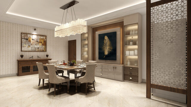 A formal dining room beneath a linear crystal chandelier, framed artwork and a jali panel behind.