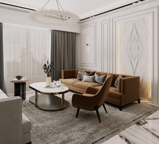 Brown velvet seating around a round marble table, sheer curtains filtering the light behind.