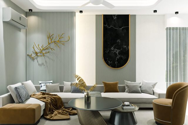 Sage-green fluted panelling with a black marble arch niche and mustard upholstery.