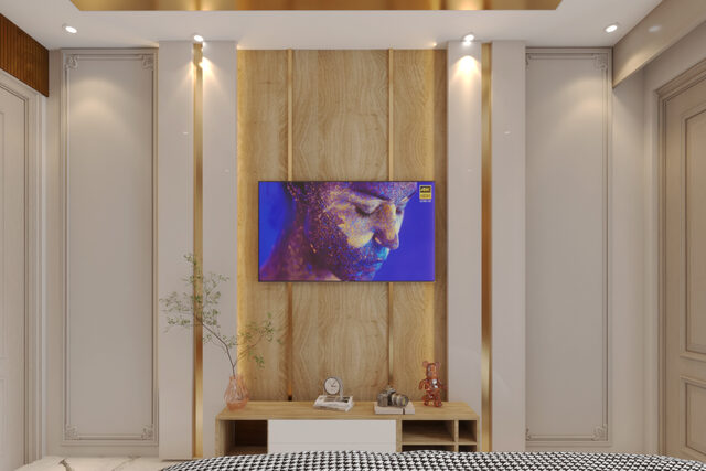 An oak-panelled media wall with a wall-hung console and a low display shelf.