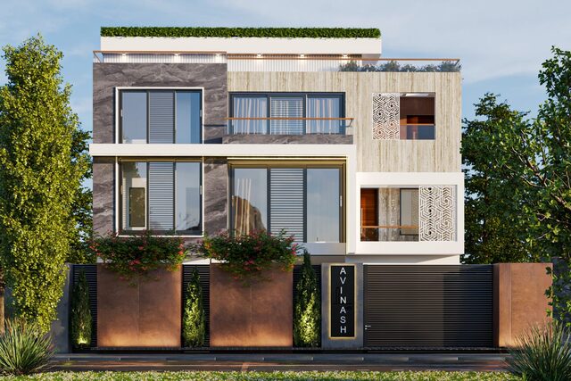 A three-storey elevation in stone and timber cladding with planted balconies.