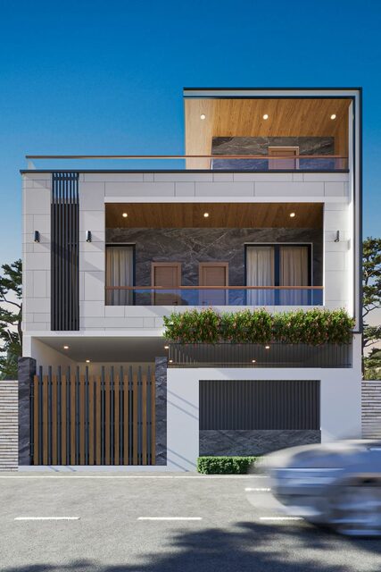 A contemporary villa behind a slatted gate, its upper floor set under a timber soffit.