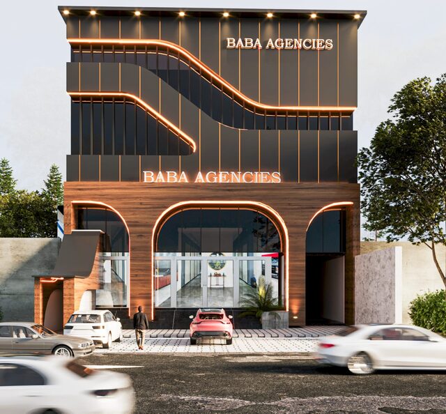 A commercial frontage in dark slatted timber and brass, arched at street level.