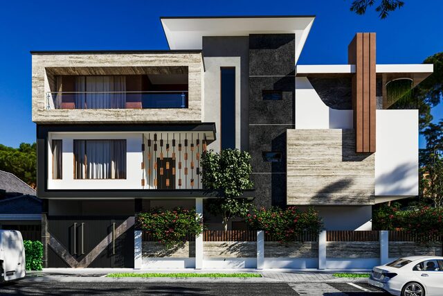 An angular facade in stone and timber fins, cantilevered over the entrance.
