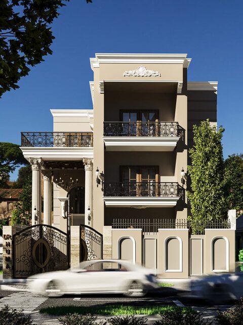 A beige elevation with a curved external stair rising to the first floor.